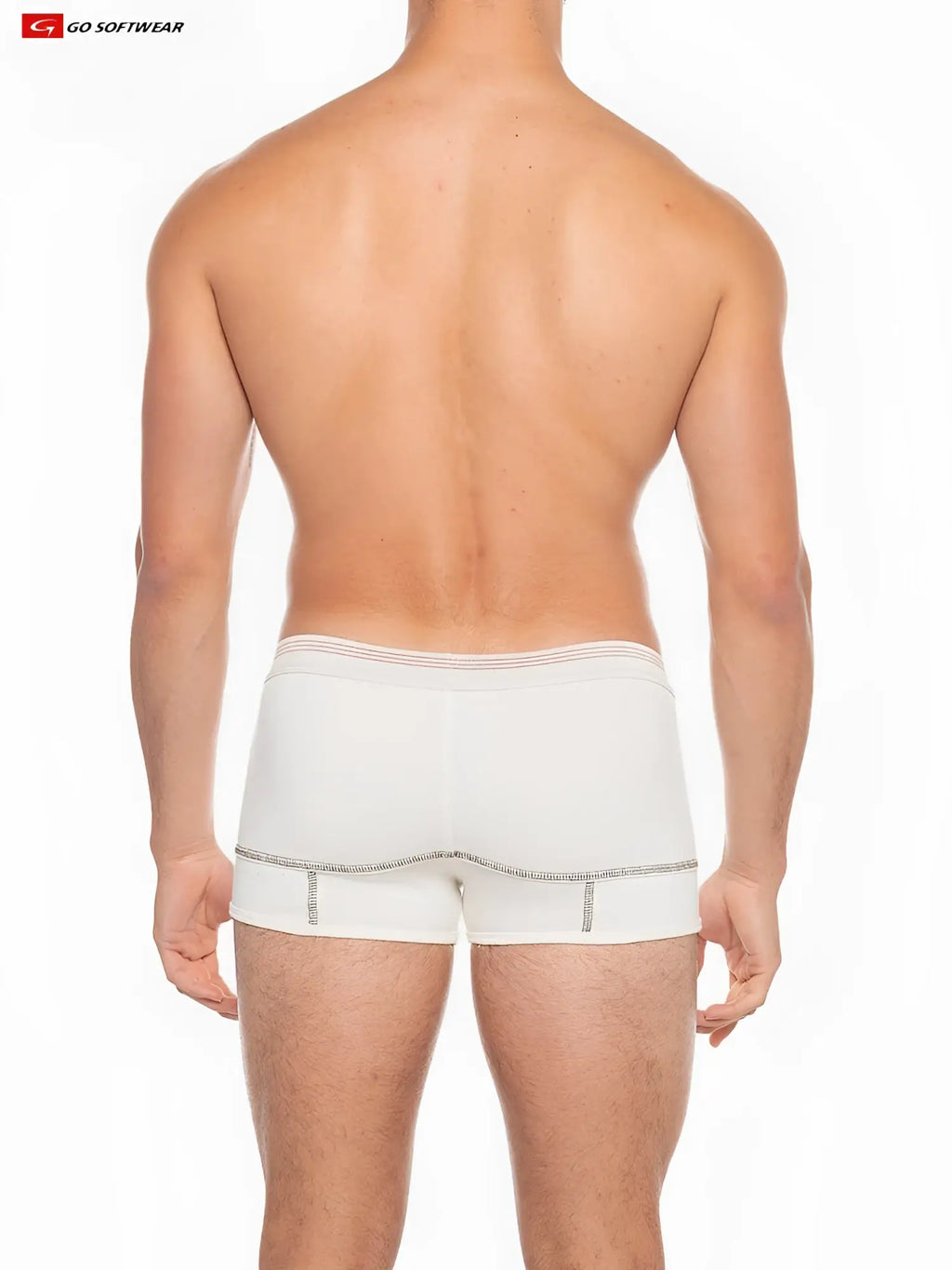 White hemp boxer brief with subtle striped waistband and decorative stitching along the leg openings