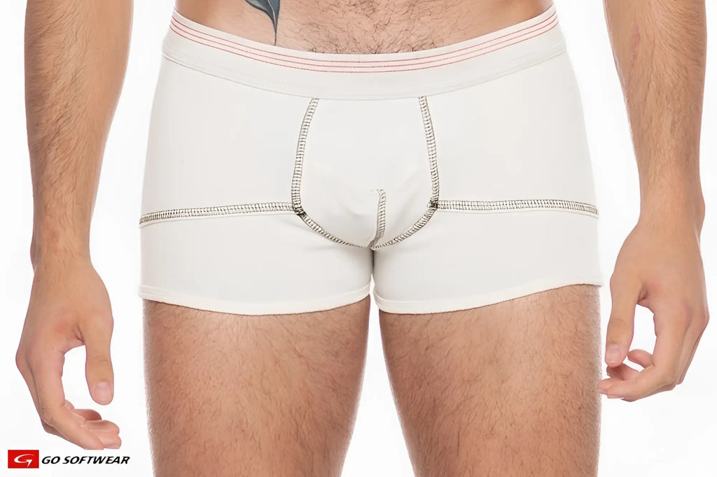 White hemp boxer brief with red and white striped waistband and subtle gray stitching along the seams