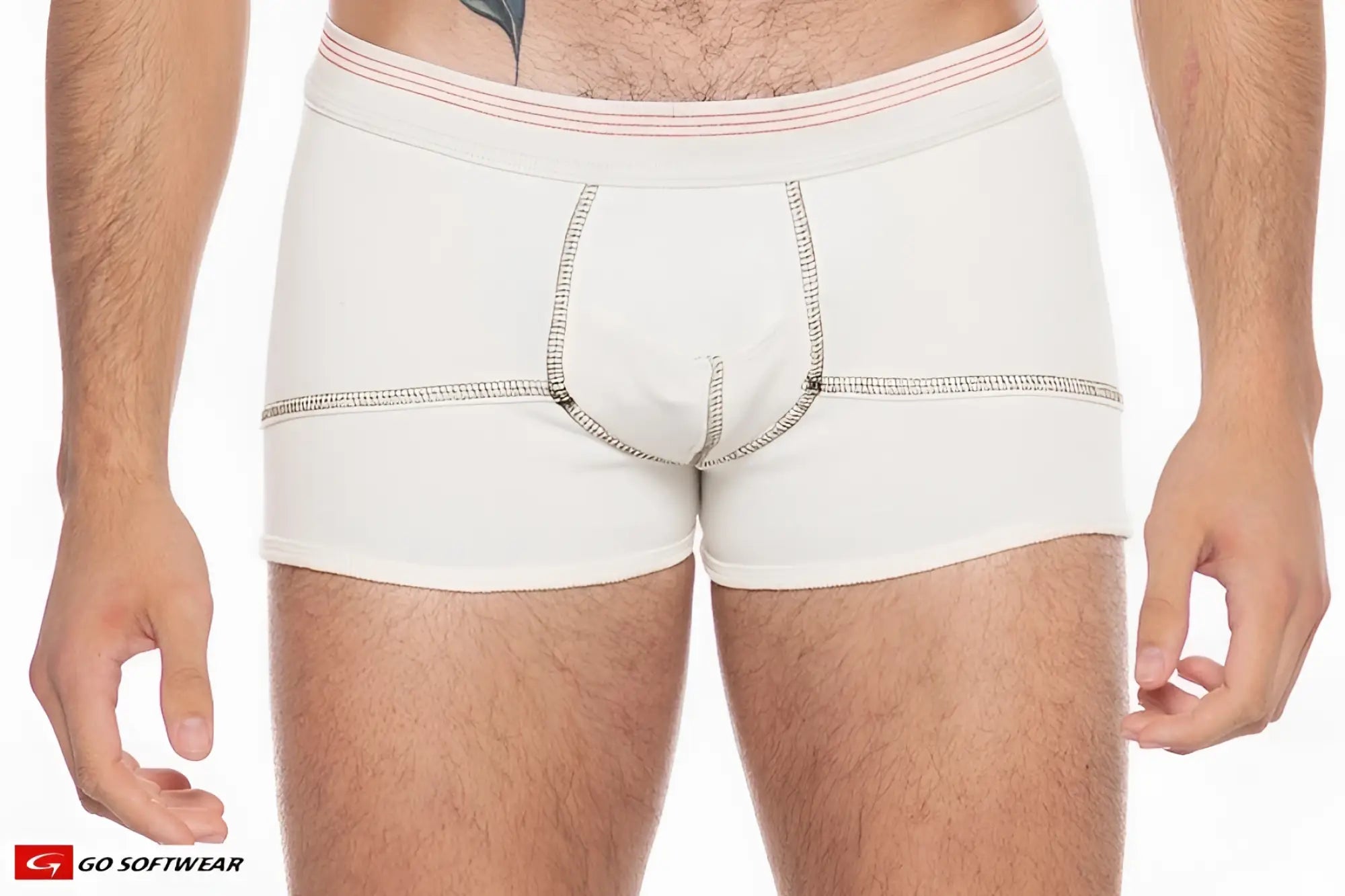 White hemp boxer brief with red and white striped waistband and subtle gray stitching along the seams