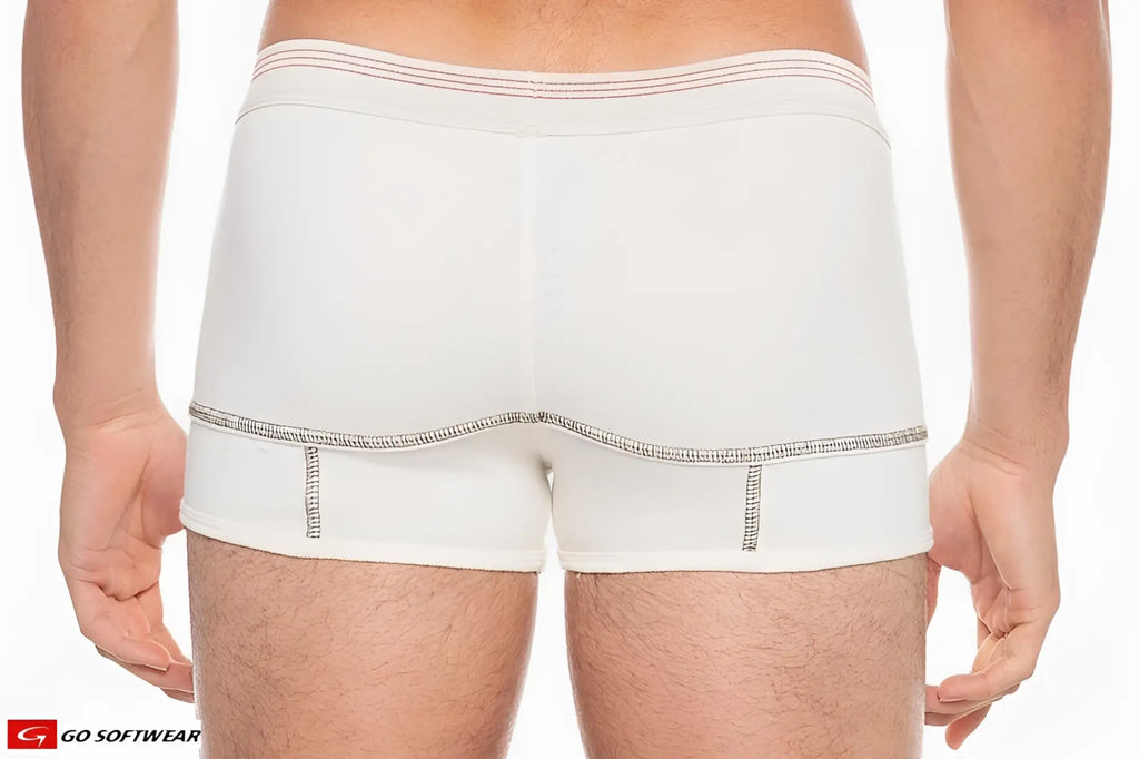 White hemp boxer brief with ribbed waistband featuring red and blue stripes and black stitching along leg openings