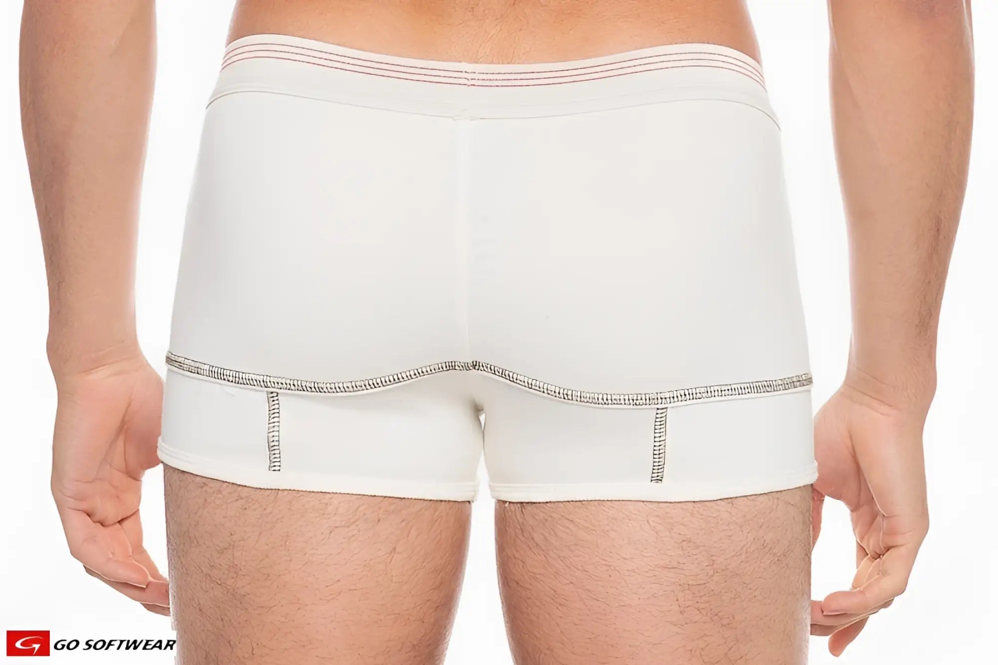 White hemp boxer brief with ribbed waistband featuring red and blue stripes and black stitching along leg openings