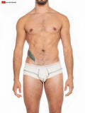 White hemp briefs with thin red and black striped trim and subtle stitched design on front side