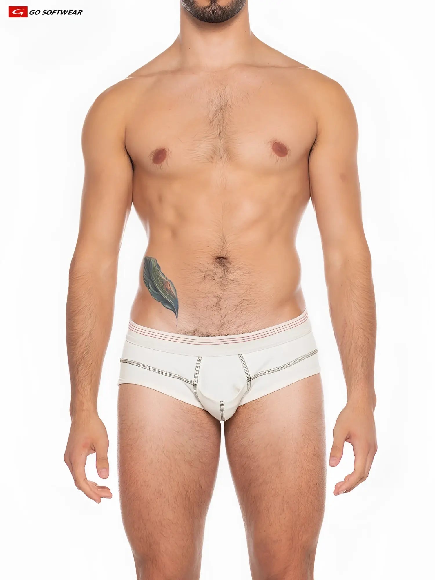 White hemp briefs with thin red and black striped trim and subtle stitched design on front side