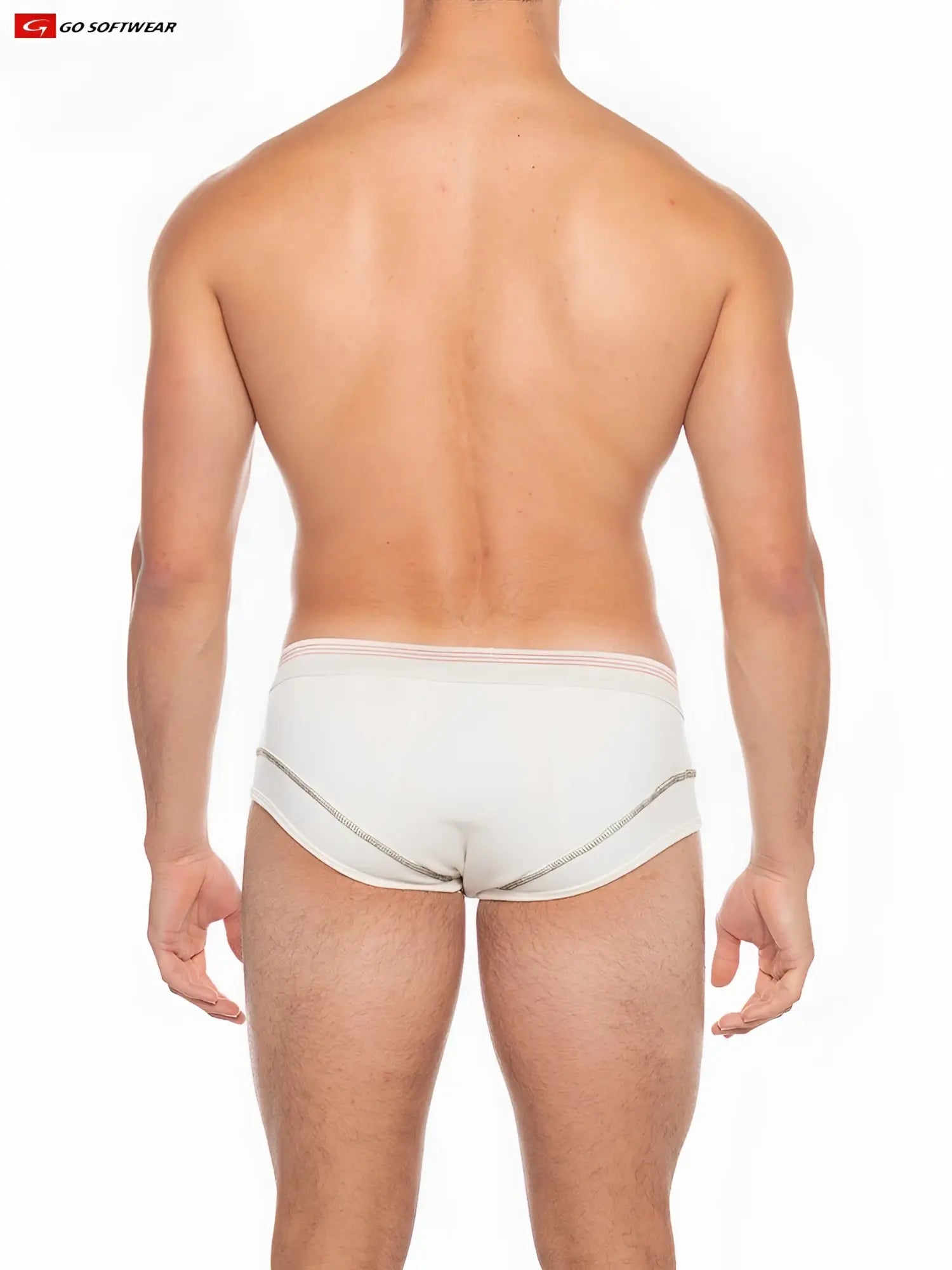 White hemp briefs with subtle gray stitching and a sleek modern design from go softwear