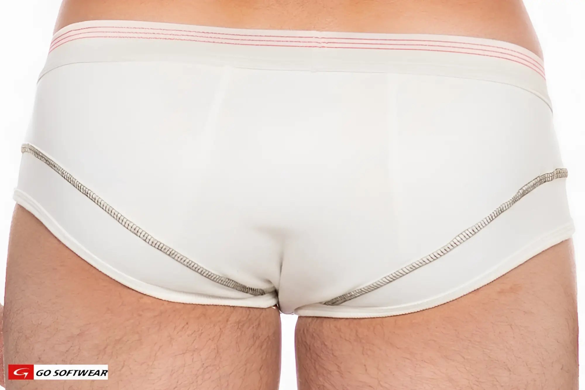 White hemp briefs with subtle pink striped waistband and textured gray stitching down the sides