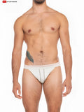 White hemp jockstrap with subtle striped waistband and vertical stitching details in athletic briefs style