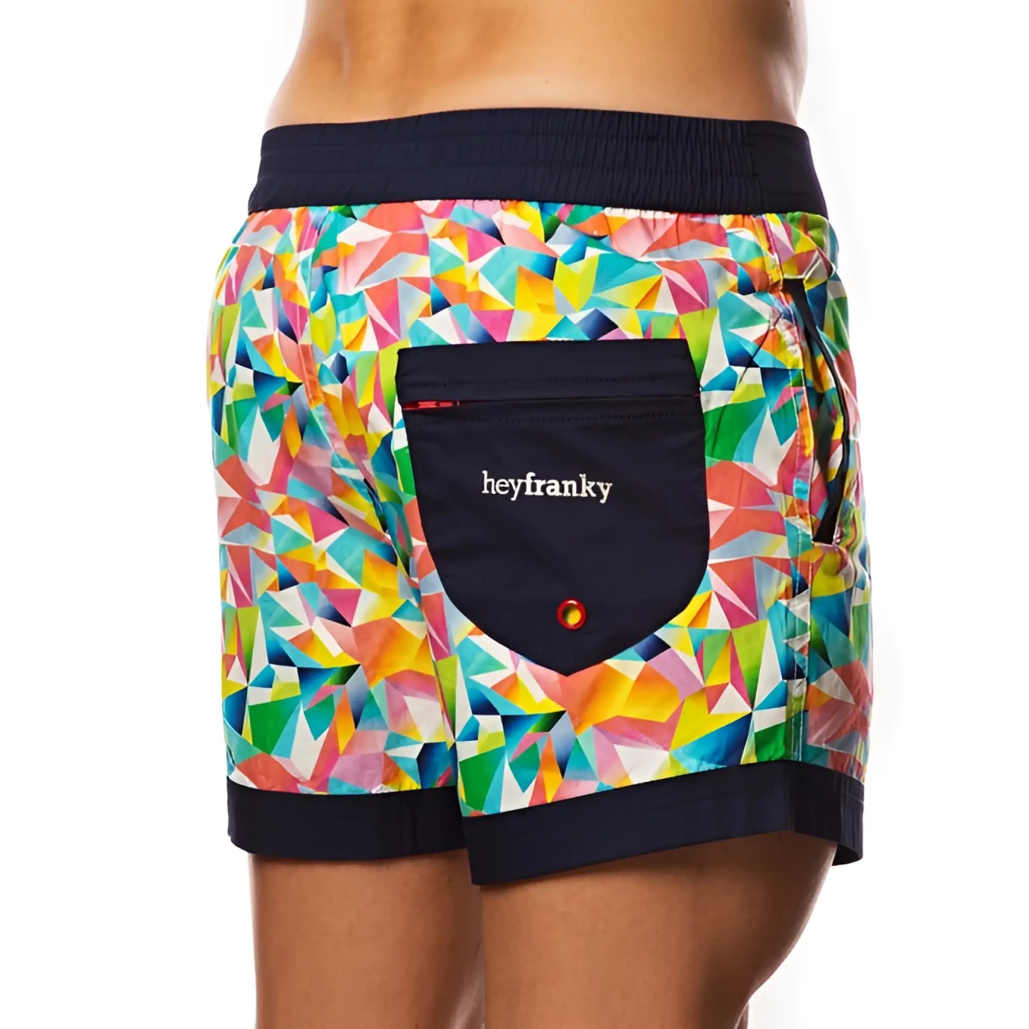 Hey Franky circuit geometric beach shorts size 32 with vibrant multicolored geometric pattern and navy blue waistband and pocket
