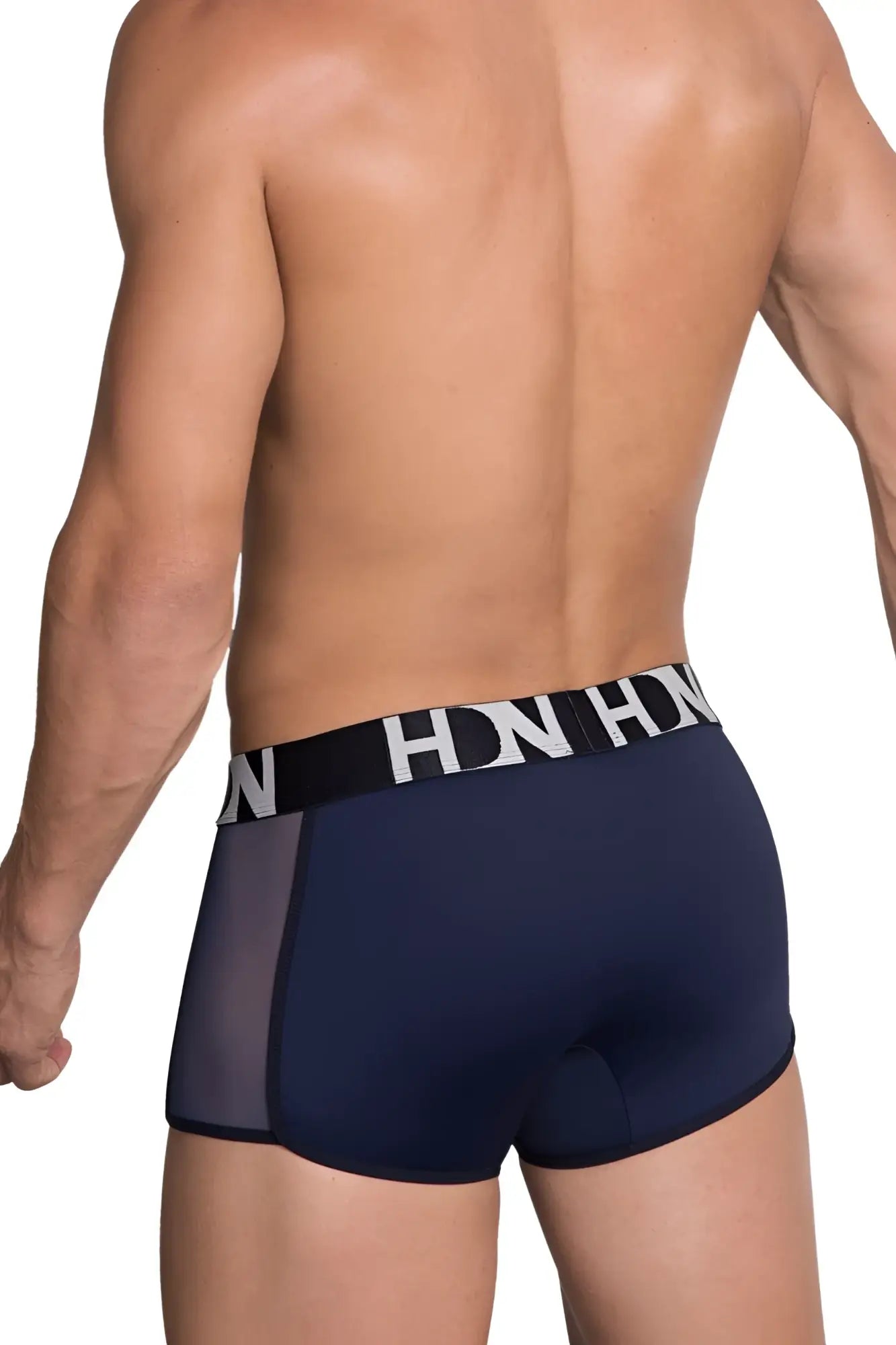 Navy blue hidden 964 mesh side trunks with black waistband and white hn lettering featuring sheer mesh side panels