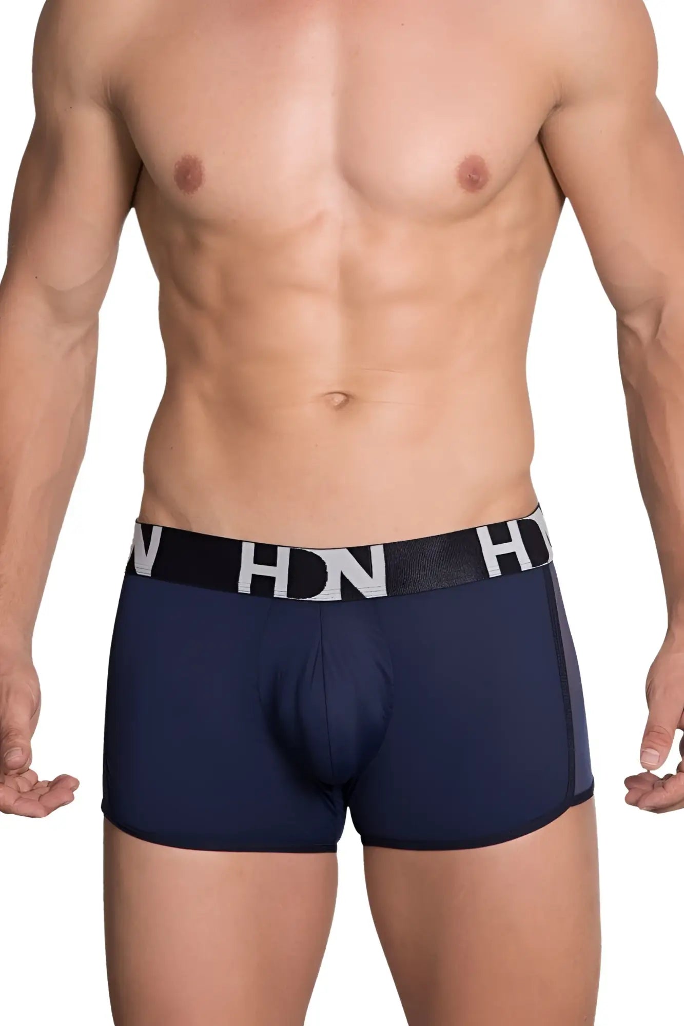 Navy blue hdn branded boxer briefs with mesh side panels and black waistband featuring white lettering
