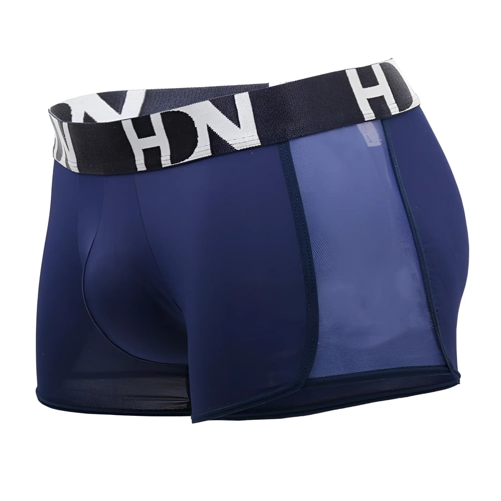 Navy blue hidden 964 mesh side trunks with black and white patterned waistband featuring h and n letters