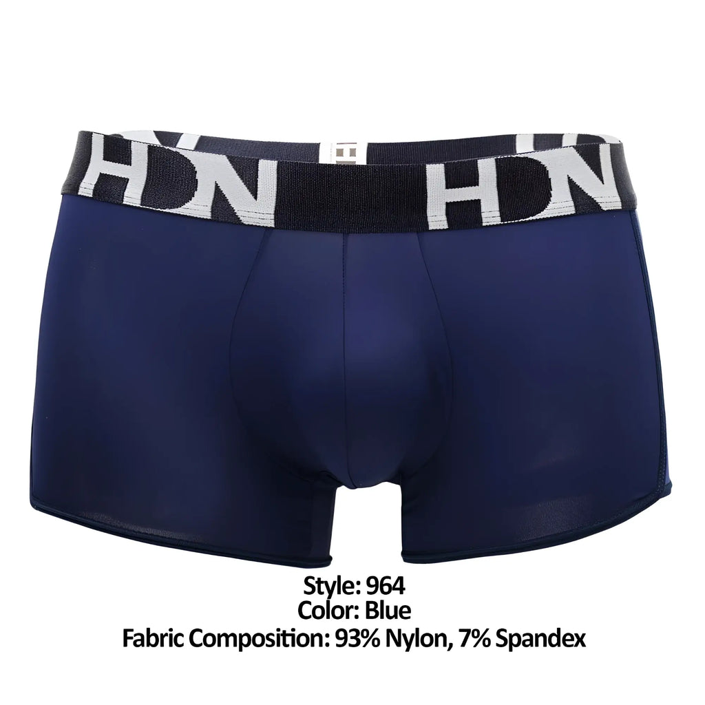 Navy blue hidden 964 mesh side trunks for men with breathable fabric and black and white hdn branded waistband