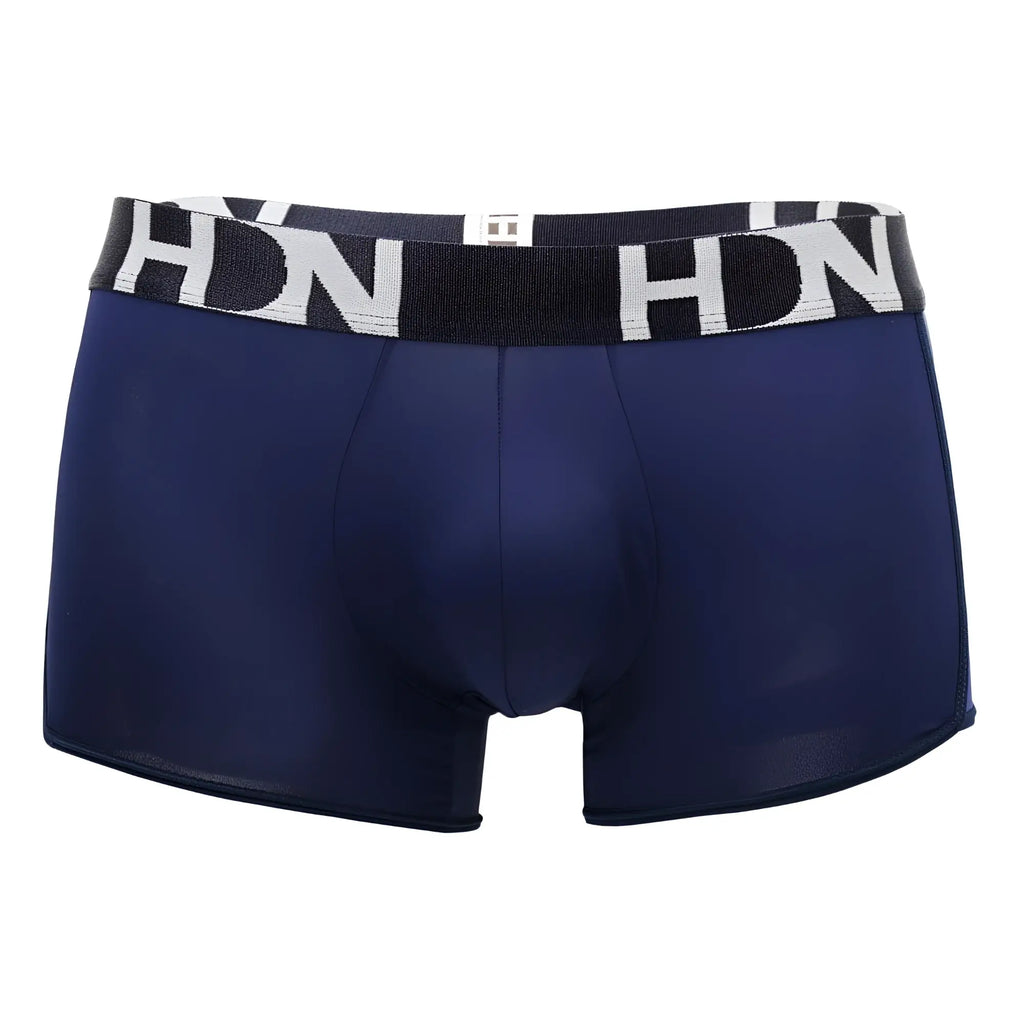 Navy blue men’s boxer briefs with mesh sides and black and white hdn branded waistband Hidden 964 Mesh side Trunks