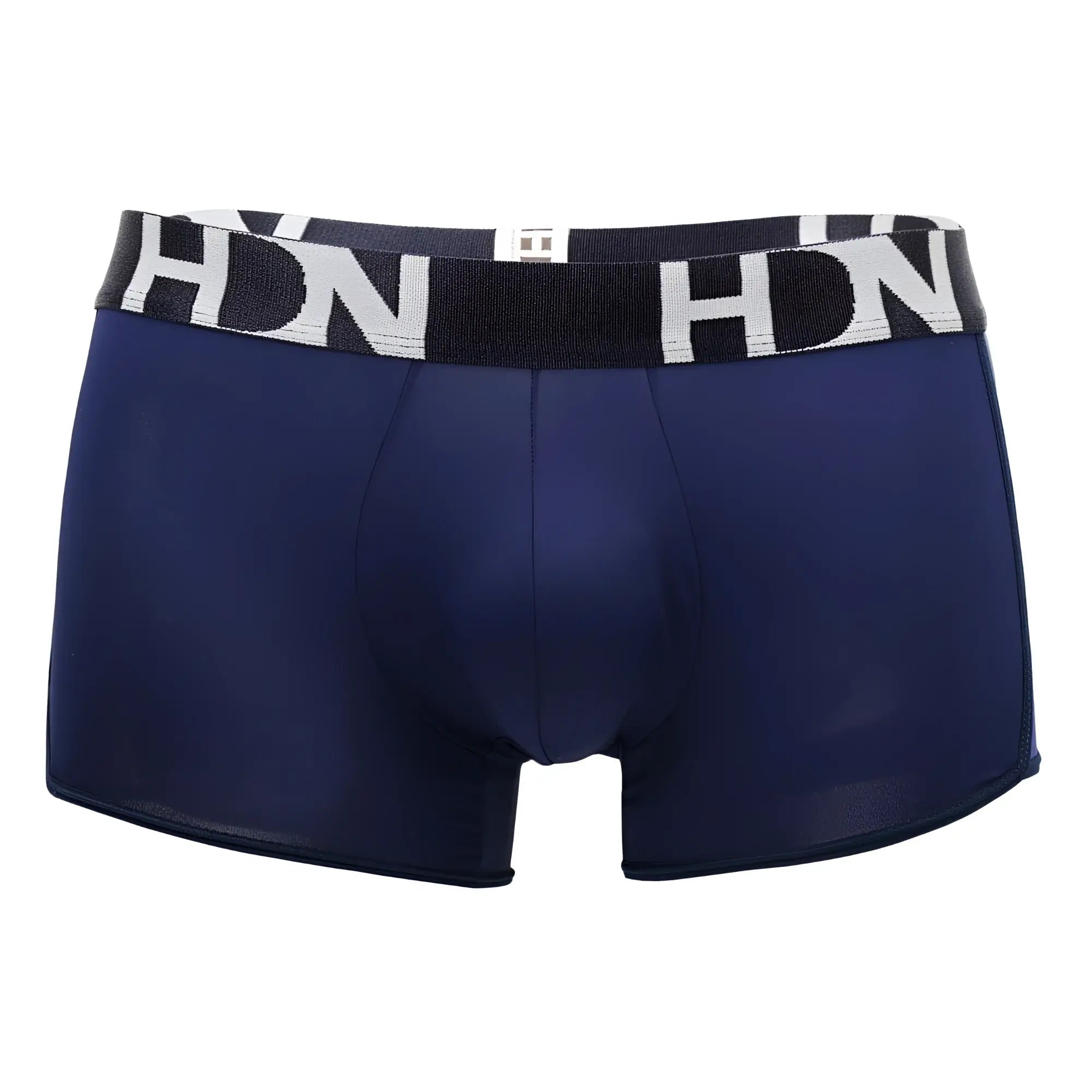 Navy blue men’s boxer briefs with mesh sides and black and white hdn branded waistband Hidden 964 Mesh side Trunks