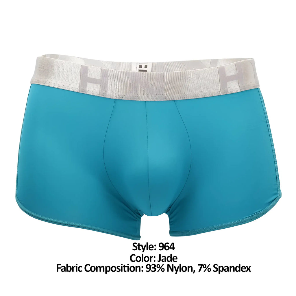 Jade-colored men’s hidden 964 mesh side trunks boxer briefs with light gray elastic waistband and embossed lettering