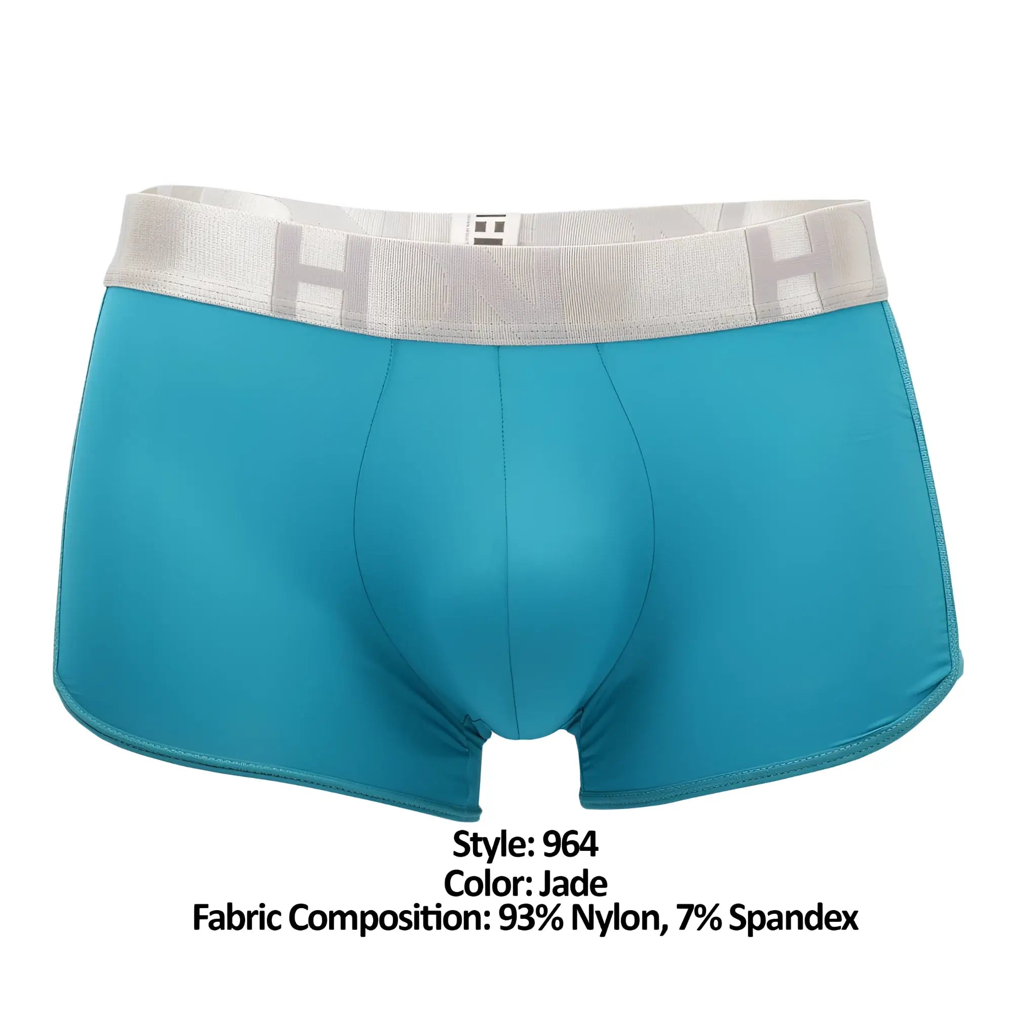 Jade-colored men’s hidden 964 mesh side trunks boxer briefs with light gray elastic waistband and embossed lettering