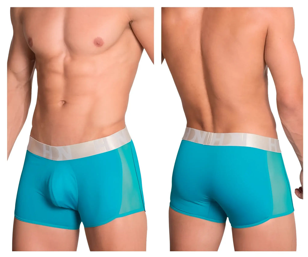 Turquoise men’s hidden 964 mesh side trunks with translucent mesh panel and white elastic waistband in jade color