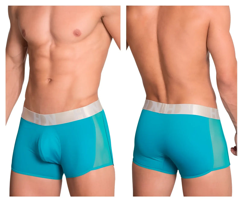 Turquoise men’s hidden 964 mesh side trunks with translucent mesh panel and white elastic waistband in jade color