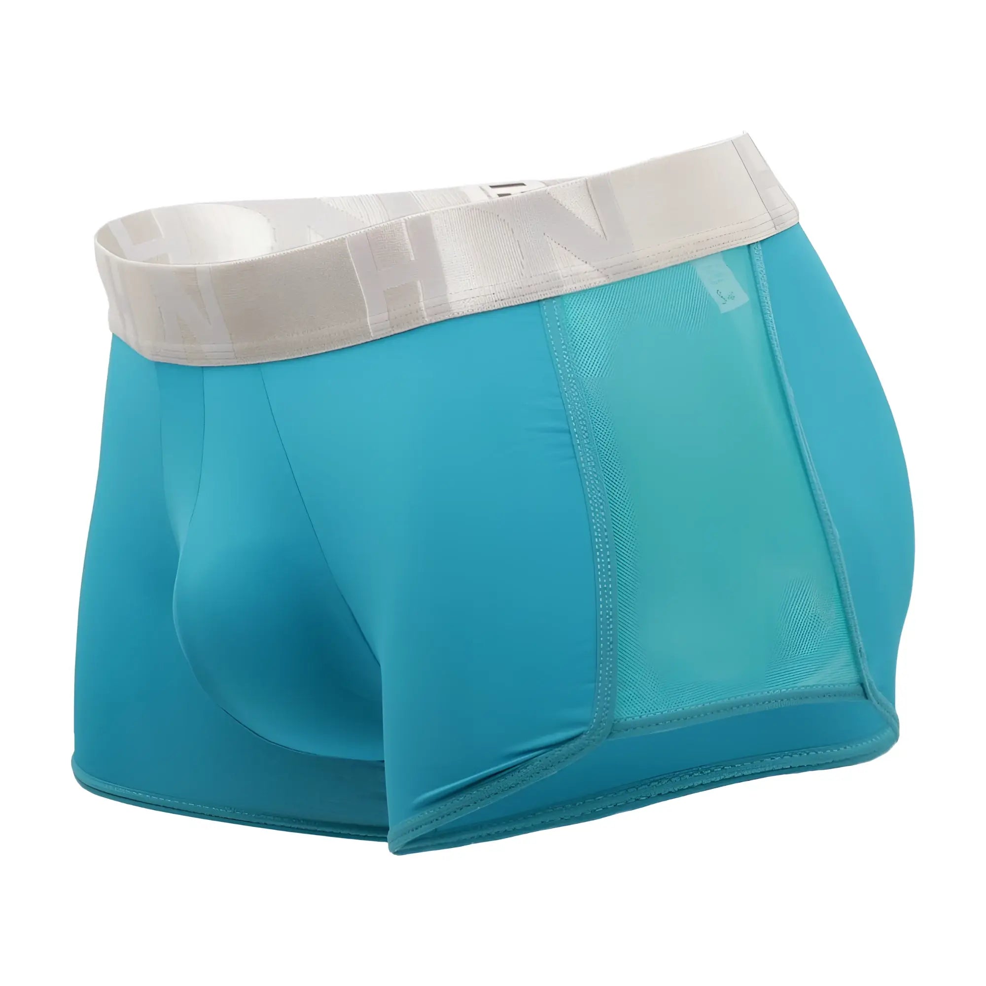 Turquoise men’s hidden 964 mesh side trunks with jade color and white elastic waistband featuring subtle branding