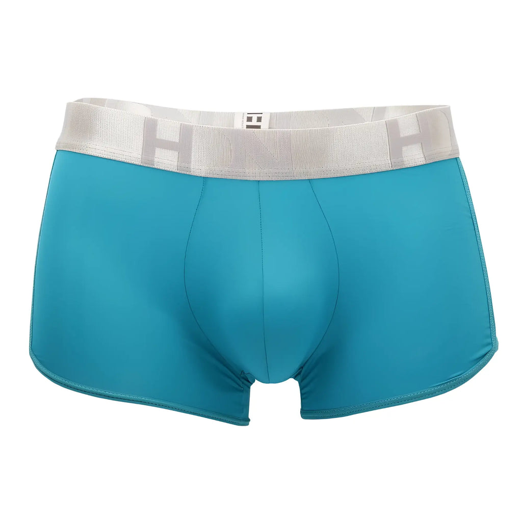 Turquoise men’s briefs with gray elastic waistband and subtle logo in hidden 964 mesh side trunks color jade