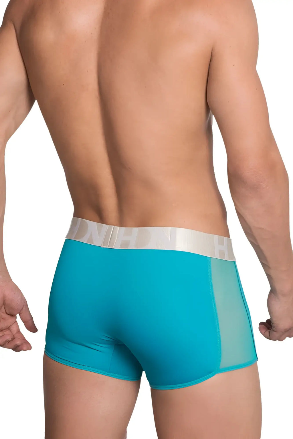 Turquoise men’s briefs hidden 964 mesh side trunks jade color with silver waistband and brand logo detail