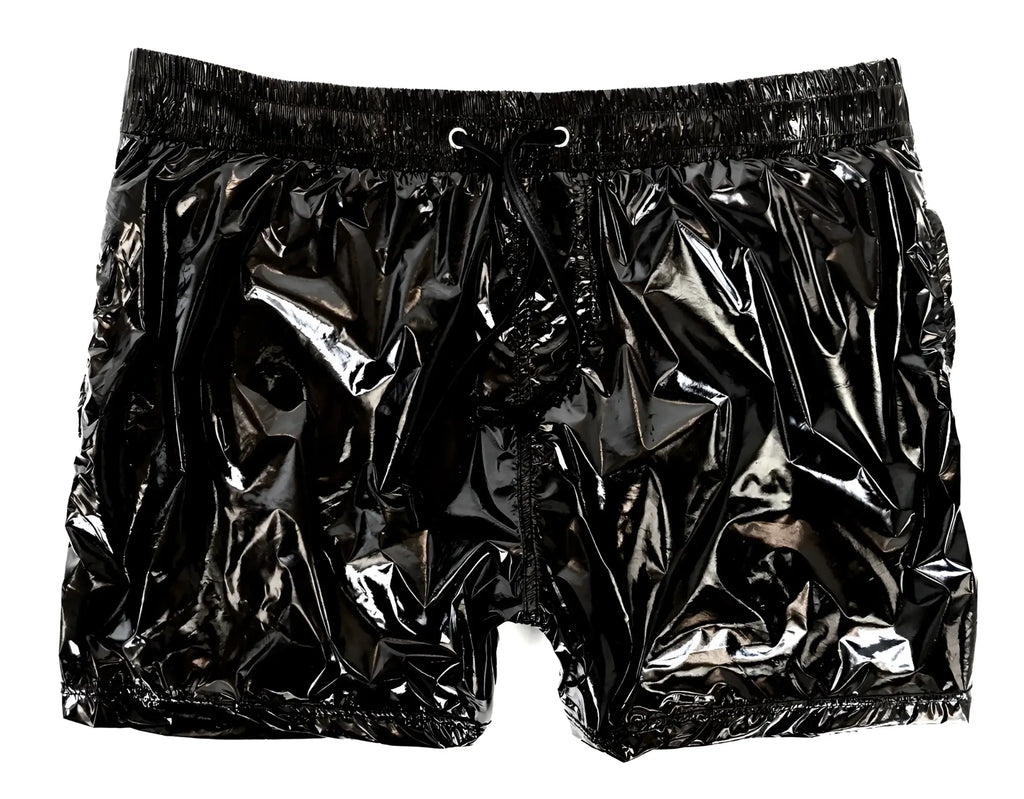 Black high gloss shorts made of glossy plastic with an elastic waistband and drawstring for a sleek fit