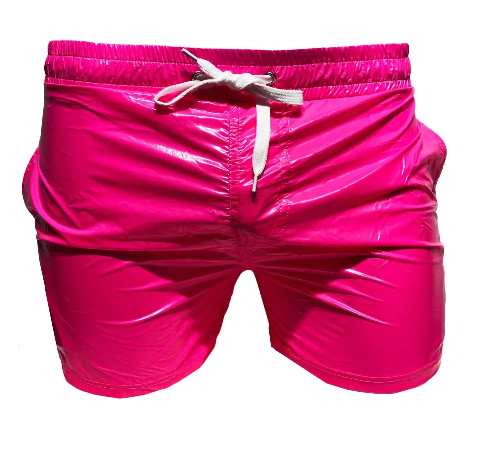 Vibrant fuchsia high gloss shorts with a glossy reflective finish and white drawstring waistband for swimwear use
