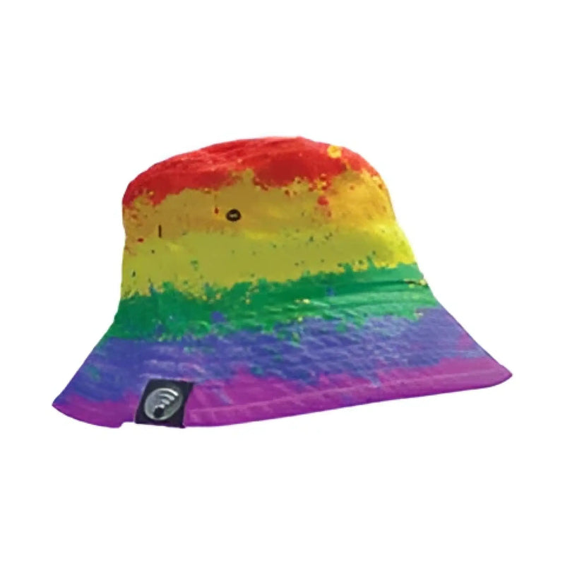 High tide pride bucket hat rainbow-colored quilted fabric with small black logo patch on the side