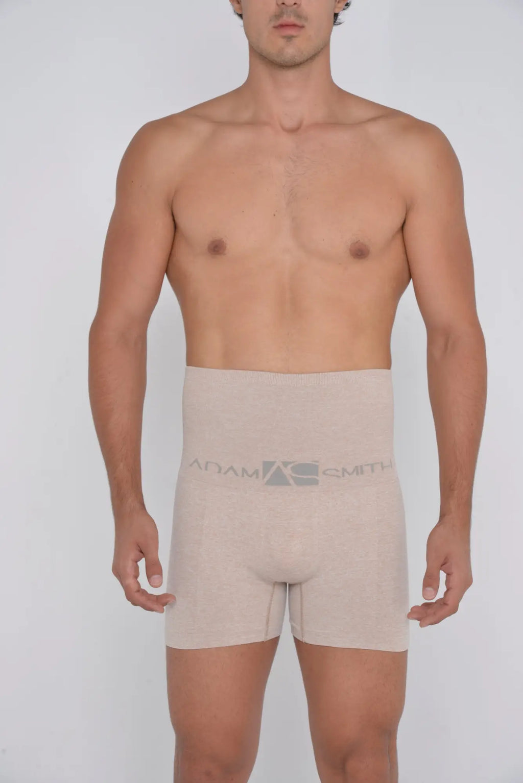 Beige high waist shaper trunks boxer briefs by adam smith with subtle gray logo on waistband for support and comfort