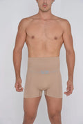 Beige high waist shaper trunks men’s compression shorts with light blue logo on front for support and shaping