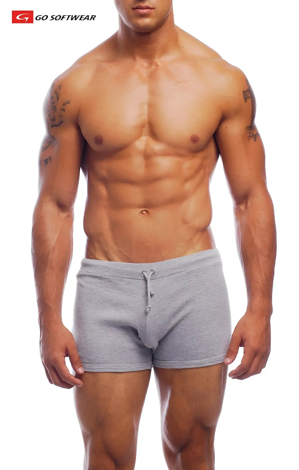 Gray hiker short athletic shorts with drawstring waistband front pouch and go softwear logo for active wear