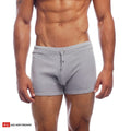 Gray heathered cotton hiker short boxer briefs with a drawstring waistband and front pouch for comfort