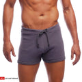 Gray hiker short sweatshorts with drawstring waistband and ribbed cuffs for comfortable casual wear