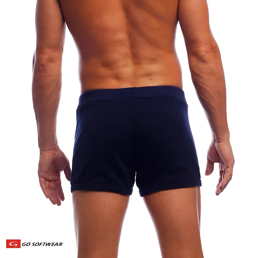 Navy blue hiker shorts with snug fit and elastic waistband designed for athletic and outdoor activities