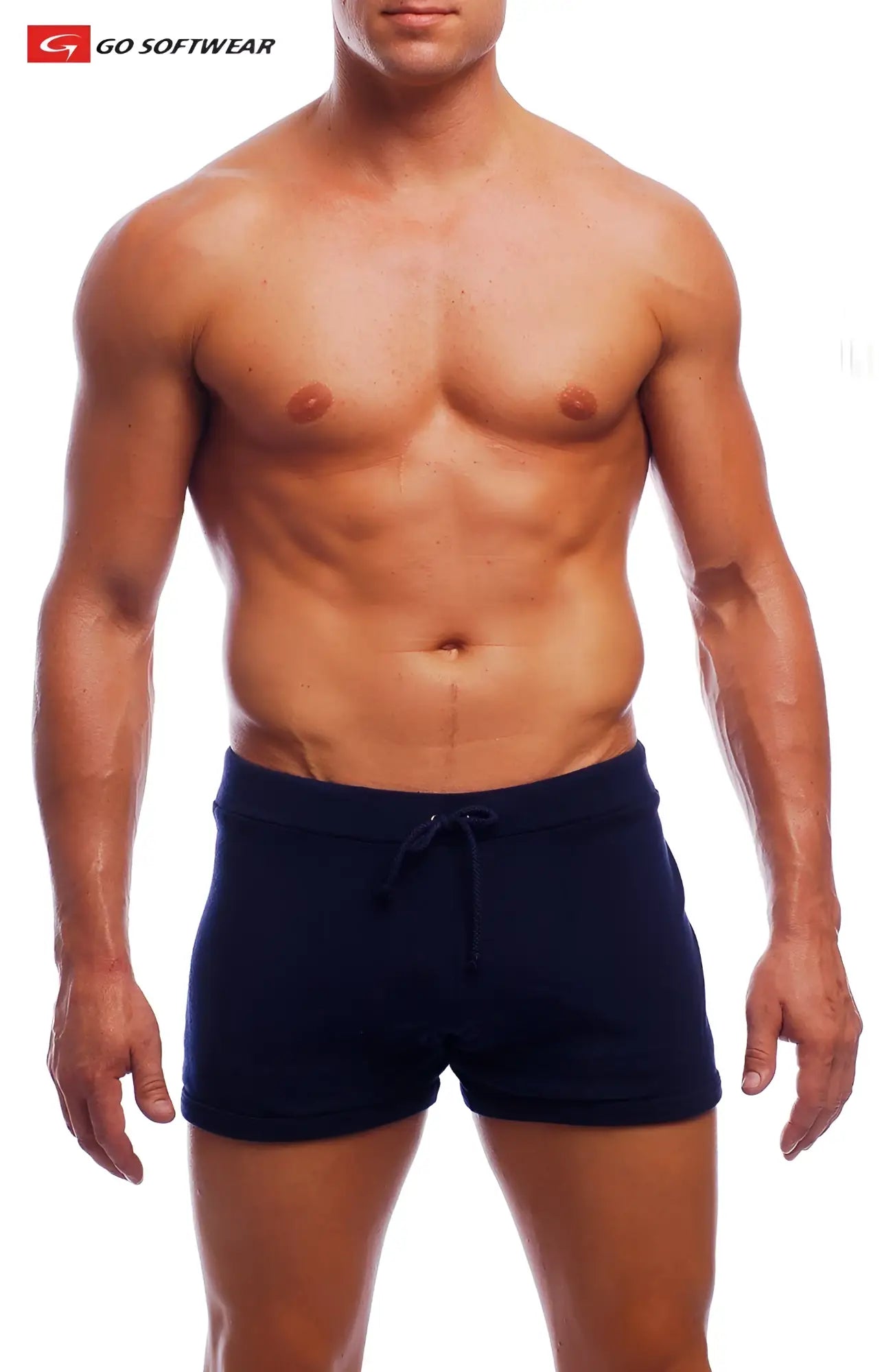 Navy blue hiker short athletic shorts with drawstring waistband designed for active outdoor use