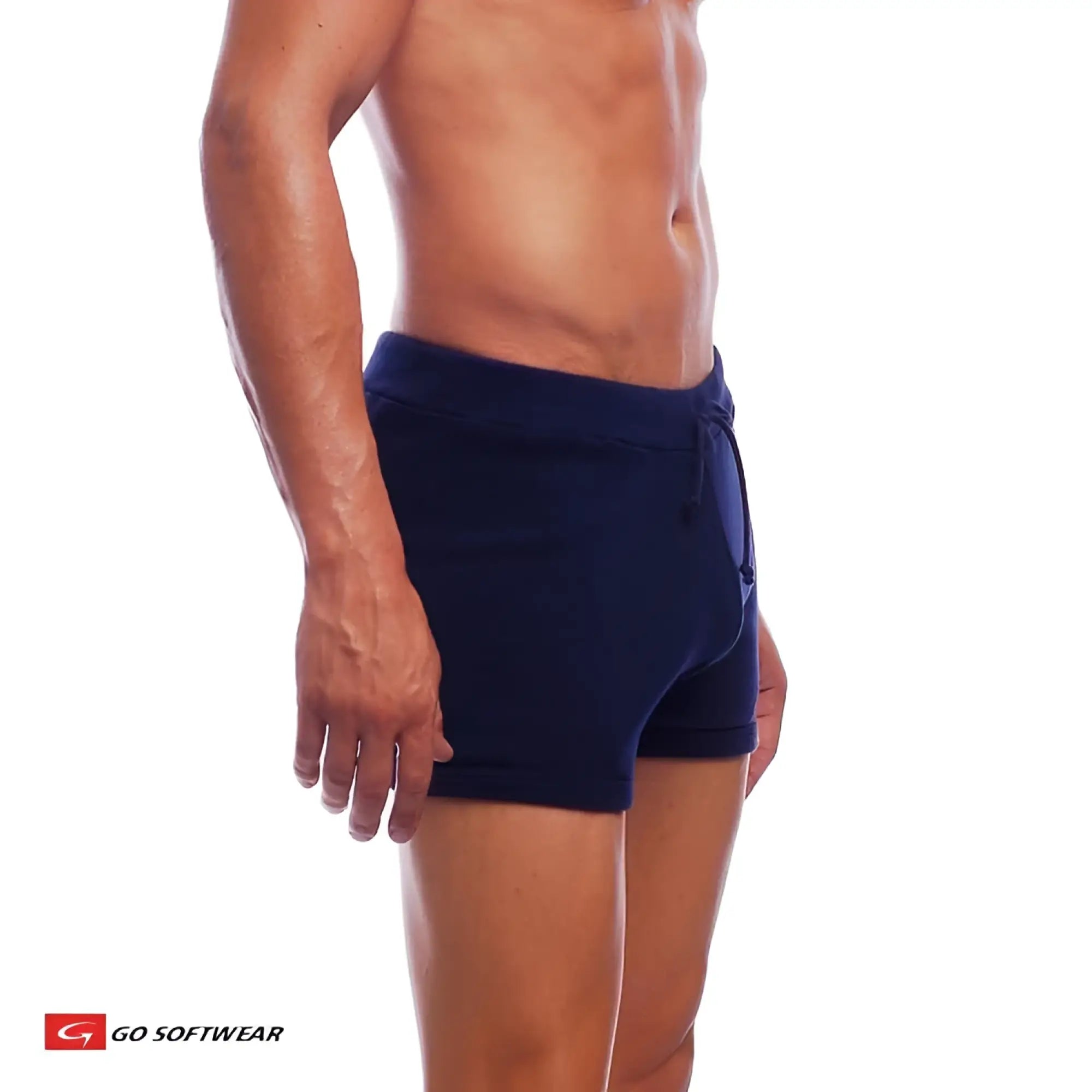 Navy blue cotton hiker short briefs with a drawstring waistband for comfortable outdoor wear