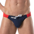 Navy blue and red men’s holidays swim bikini trunks with white drawstring tie for beach and poolwear