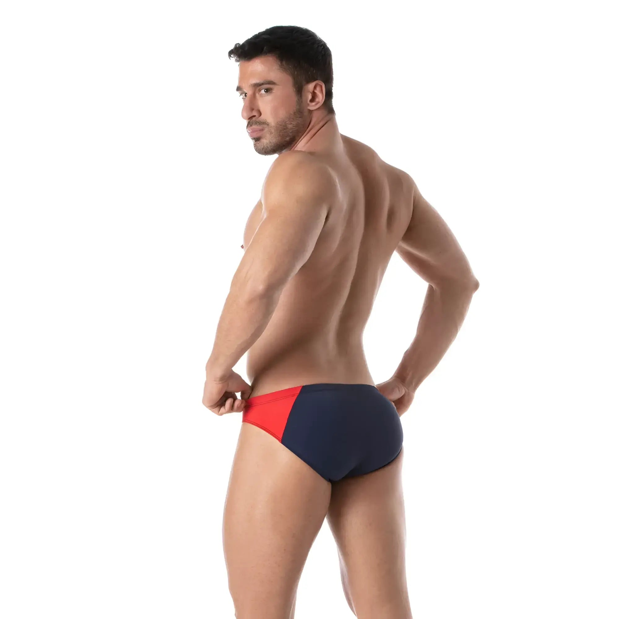 Navy blue and red two-tone swim trunks from holidays swim bikini designed for beachwear and pool use