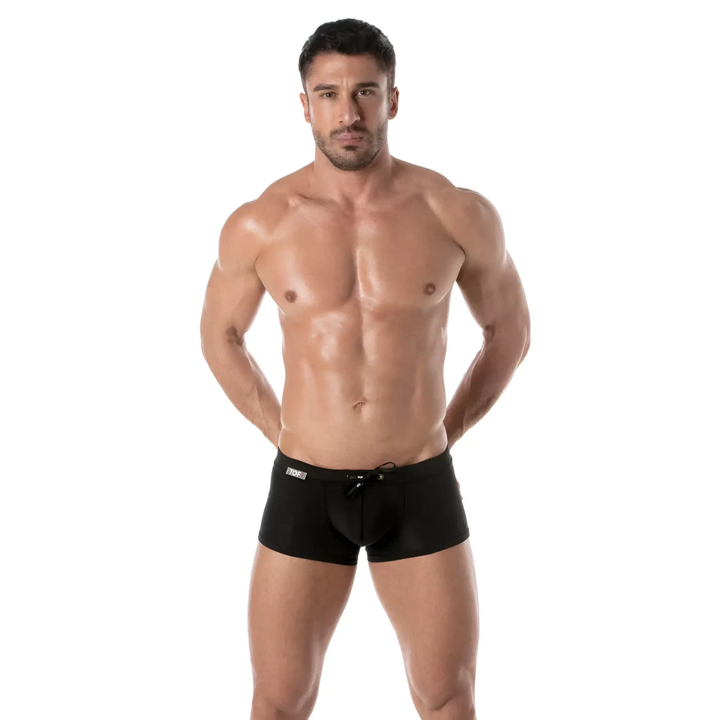 Black holidays swim trunk briefs with drawstring waistband and small logo on the left side for casual wear