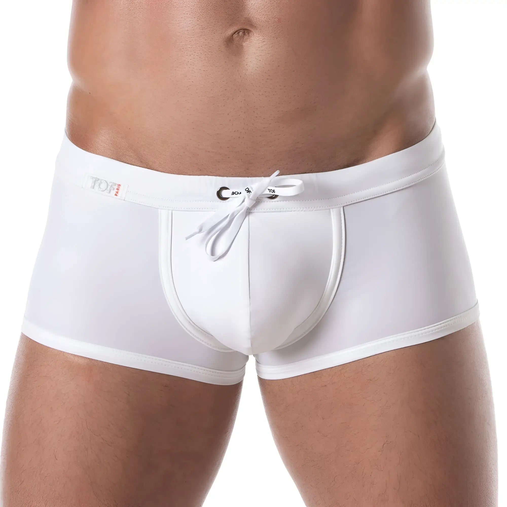 White holidays swim trunk with drawstring waistband and branded logo on side for men’s swimwear