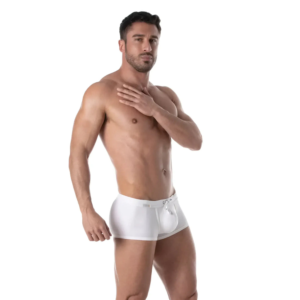 White holidays swim trunk swim shorts with a drawstring waistband and front pouch for men