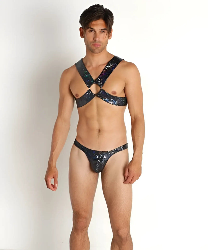 Black sequined harness-style bodysuit with starry glittery pattern featured in hologram harness design