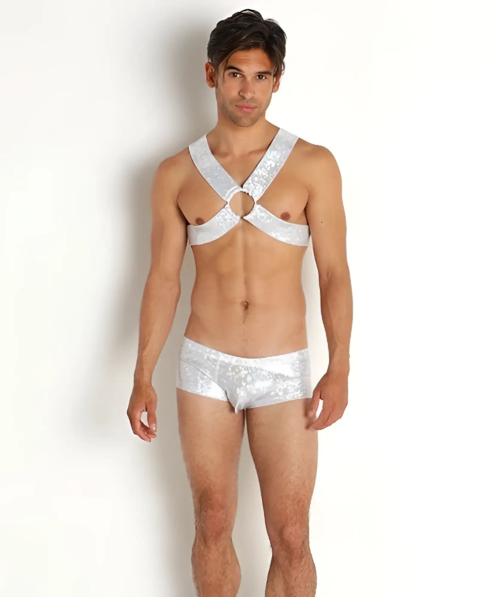 Silver sequined hologram harness top and matching briefs showcasing a shimmering futuristic lingerie set