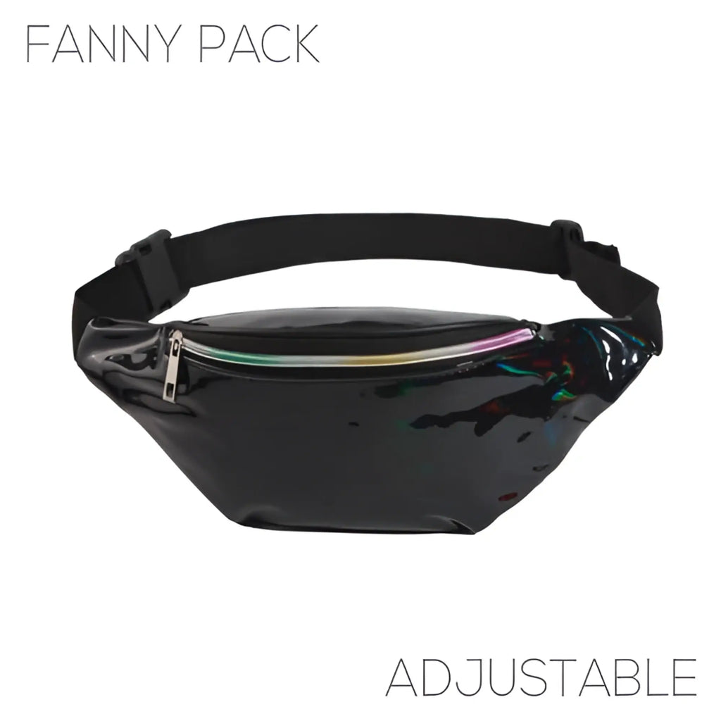 Black holographic fanny pack with adjustable strap and rainbow zipper from holographic fanny pack in 5 colors collection