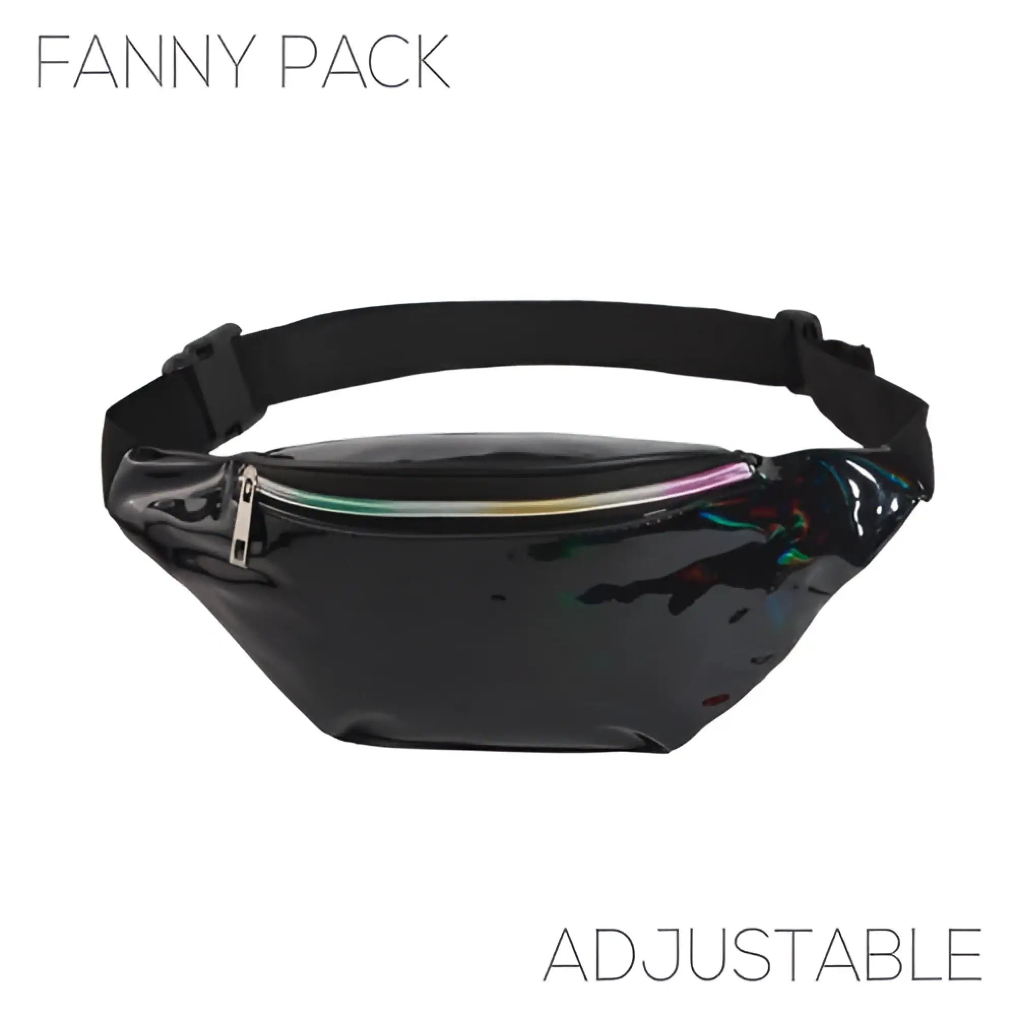 Black holographic fanny pack with adjustable strap and rainbow zipper from holographic fanny pack in 5 colors collection