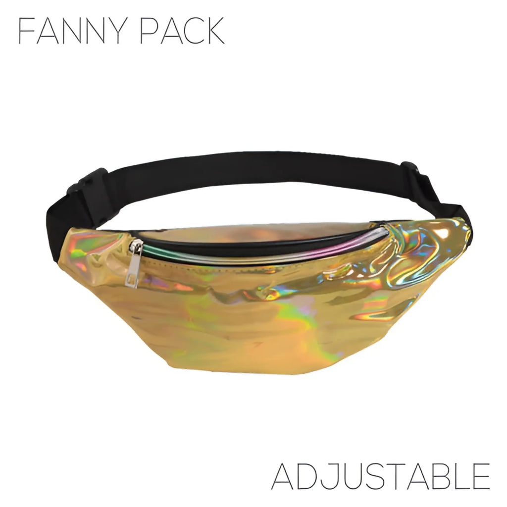 Holographic gold fanny pack with black adjustable strap featuring a shiny iridescent finish in 5 colors