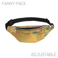 Holographic gold fanny pack with black adjustable strap featuring a shiny iridescent finish in 5 colors
