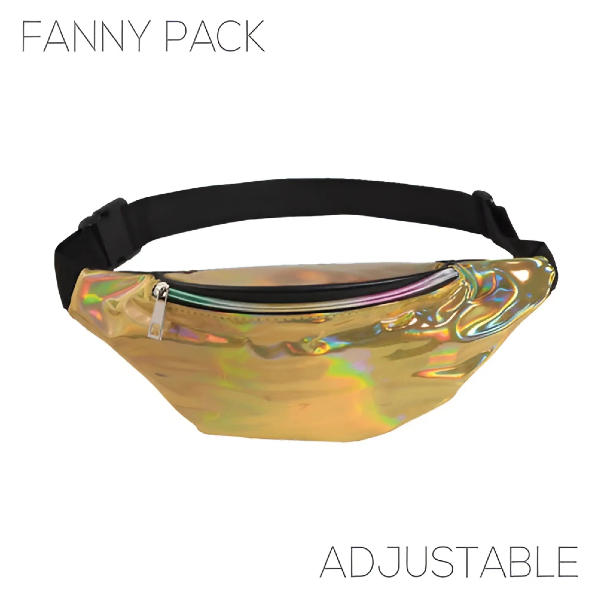 Holographic gold fanny pack with black adjustable strap featuring a shiny iridescent finish in 5 colors