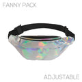 Holographic iridescent fanny pack with black adjustable strap in five colors for hands free carrying