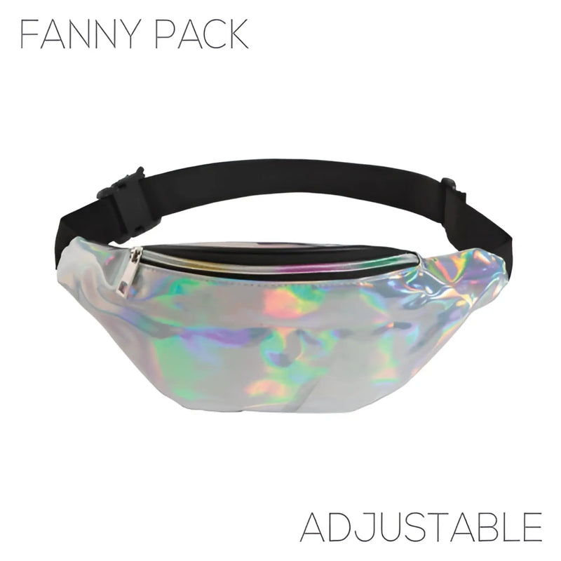 Holographic iridescent fanny pack with black adjustable strap in five colors for hands free carrying