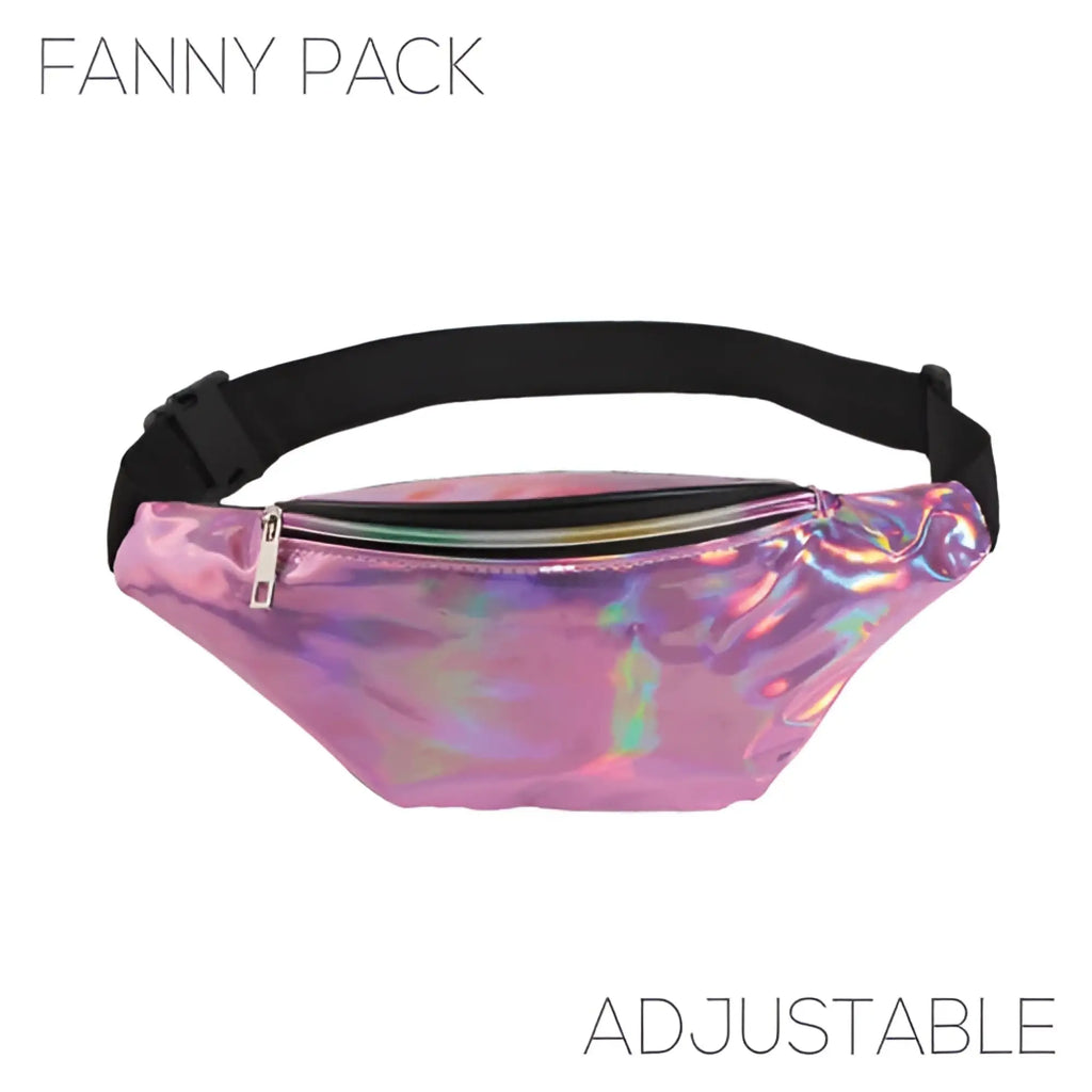 Holographic fanny pack in pink with a black adjustable strap featuring a shiny iridescent finish
